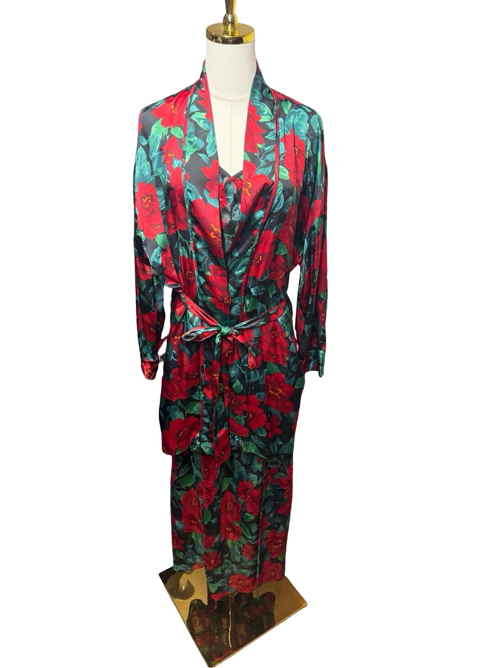 Vintage gold label Victoria's Secret Red & Green Floral Satin Robe and slip set